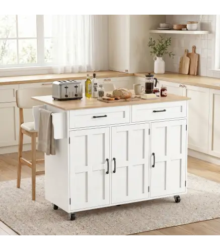 Isla de Cocina con Encimera Extensible Ruedas 2 Cajones 3 Armarios Estantes en la Puerta Toallero Blanco