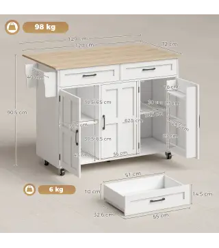 Isla de Cocina con Encimera Extensible Ruedas 2 Cajones 3 Armarios Estantes en la Puerta Toallero Blanco