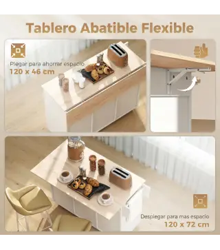 Isla de Cocina con Encimera Extensible Ruedas 2 Cajones 3 Armarios Estantes en la Puerta Toallero Blanco