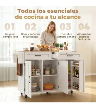Isla de Cocina con Encimera Extensible Ruedas 2 Cajones 3 Armarios Estantes en la Puerta Toallero Blanco