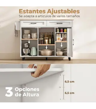 Isla de Cocina con Encimera Extensible Ruedas 2 Cajones 3 Armarios Estantes en la Puerta Toallero Blanco