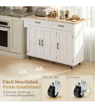 Isla de Cocina con Encimera Extensible Ruedas 2 Cajones 3 Armarios Estantes en la Puerta Toallero Blanco