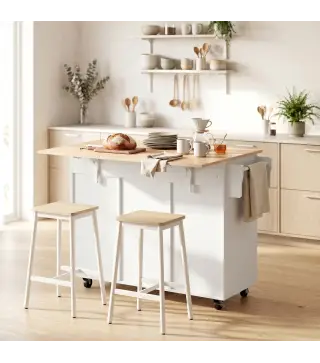 Isla de Cocina con Encimera Extensible Ruedas 2 Cajones 3 Armarios Estantes en la Puerta Toallero Blanco