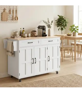 Isla de Cocina con Encimera Extensible Ruedas 2 Cajones 3 Armarios Estantes en la Puerta Toallero Blanco