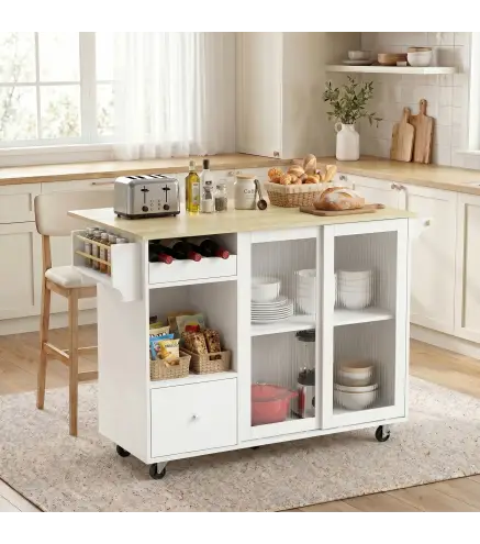 Isla de Cocina con Encimera Abatible Ruedas Puertas Correderas de Vidrio Botellero Cajón Especiero Estante Ajustable