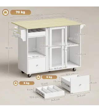 Isla de Cocina con Encimera Abatible Ruedas Puertas Correderas de Vidrio Botellero Cajón Especiero Estante Ajustable