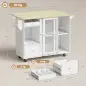 Isla de Cocina con Encimera Abatible Ruedas Puertas Correderas de Vidrio Botellero Cajón Especiero Estante Ajustable