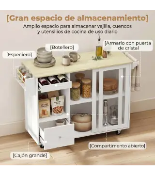 Isla de Cocina con Encimera Abatible Ruedas Puertas Correderas de Vidrio Botellero Cajón Especiero Estante Ajustable