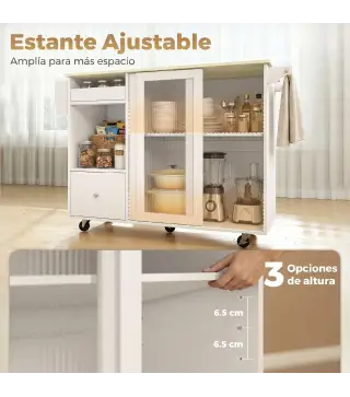 Isla de Cocina con Encimera Abatible Ruedas Puertas Correderas de Vidrio Botellero Cajón Especiero Estante Ajustable