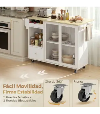 Isla de Cocina con Encimera Abatible Ruedas Puertas Correderas de Vidrio Botellero Cajón Especiero Estante Ajustable