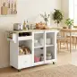 Isla de Cocina con Encimera Abatible Ruedas Puertas Correderas de Vidrio Botellero Cajón Especiero Estante Ajustable