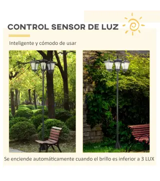 Conjunto de 2 Farolas Solares de Exterior con 3 Luces LED Impermeable IP44 para Camino Terraza 51,5x47x182,5 cm Negro