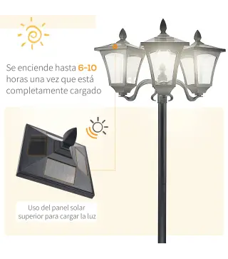 Conjunto de 2 Farolas Solares de Exterior con 3 Luces LED Impermeable IP44 para Camino Terraza 51,5x47x182,5 cm Negro