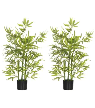 Juego de 2 Bambús Artificiales 90 cm con Maceta Plantas Sintéticas para Decoración Hogar Salón Oficina Verde