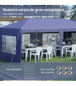 Conjunto de Carpa Incluye 1 Carpa Plegable 6x3 m con 4 Laterales Desmontables y 2 Paredes Laterales 3x2 m Azul