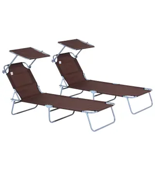 Conjunto de 2 Tumbonas Plegables con Toldo Desmontable Respaldo Ajustable en 5 Niveles 187x58x36 cm Marrón