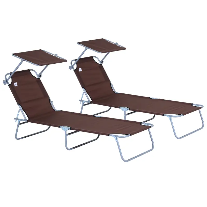 Conjunto de 2 Tumbonas Plegables con Toldo Desmontable Respaldo Ajustable en 5 Niveles 187x58x36 cm Marrón Conjunto de 2 Tumbonas Plegables con Toldo Desmontable Respaldo Ajustable en 5 Niveles 187x58x36 cm Marrón