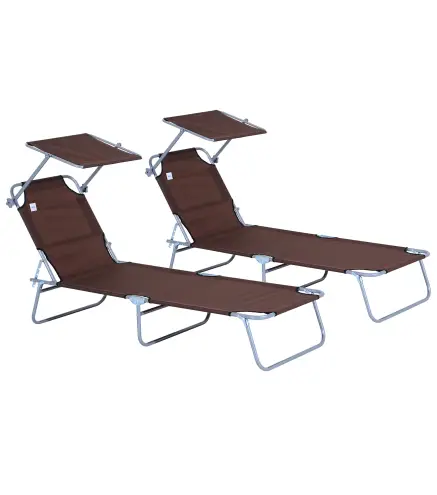 Conjunto de 2 Tumbonas Plegables con Toldo Desmontable Respaldo Ajustable en 5 Niveles 187x58x36 cm Marrón