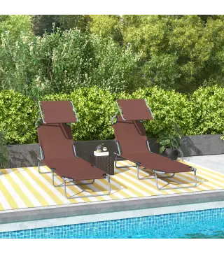 Conjunto de 2 Tumbonas Plegables con Toldo Desmontable Respaldo Ajustable en 5 Niveles 187x58x36 cm Marrón