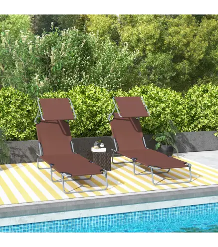Conjunto de 2 Tumbonas Plegables con Toldo Desmontable Respaldo Ajustable en 5 Niveles 187x58x36 cm Marrón