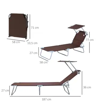 Conjunto de 2 Tumbonas Plegables con Toldo Desmontable Respaldo Ajustable en 5 Niveles 187x58x36 cm Marrón