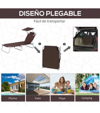 Conjunto de 2 Tumbonas Plegables con Toldo Desmontable Respaldo Ajustable en 5 Niveles 187x58x36 cm Marrón