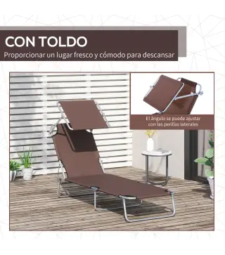 Conjunto de 2 Tumbonas Plegables con Toldo Desmontable Respaldo Ajustable en 5 Niveles 187x58x36 cm Marrón
