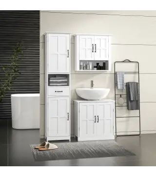 Conjunto 1 Columna de Baño 1 Mueble para Debajo del Lavabo y 1 Armario de Pared con Estante Ajustable Blanco