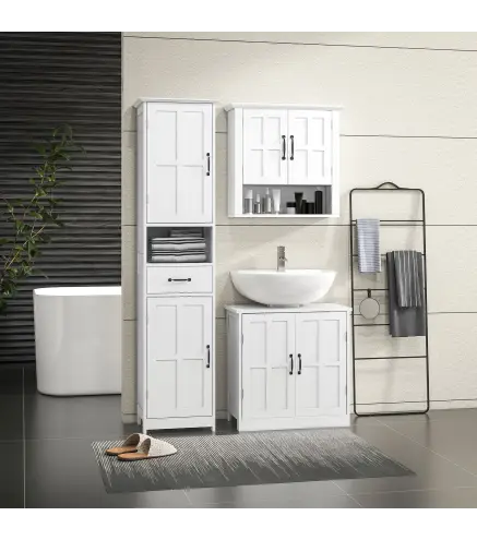 Conjunto 1 Columna de Baño 1 Mueble para Debajo del Lavabo y 1 Armario de Pared con Estante Ajustable Blanco