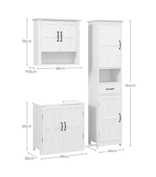 Conjunto 1 Columna de Baño 1 Mueble para Debajo del Lavabo y 1 Armario de Pared con Estante Ajustable Blanco