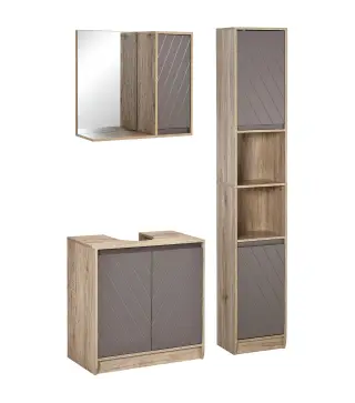 Conjunto de 1 Mueble para Debajo del Lavabo 1 Armario de Baño con Espejo y 1 Columna de Baño Roble y Gris