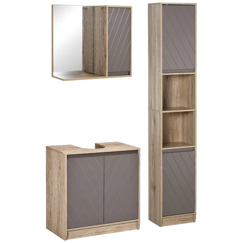 Conjunto de 1 Mueble para Debajo del Lavabo 1 Armario de Baño con Espejo y 1 Columna de Baño Roble y Gris