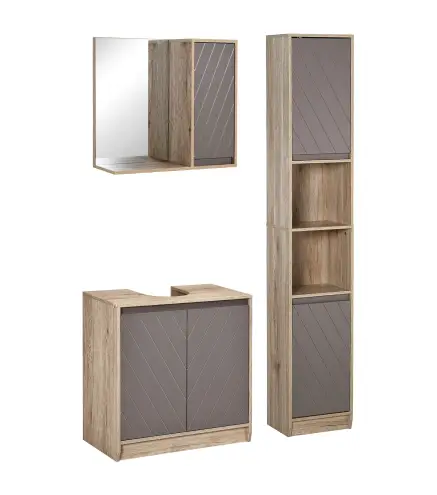 Conjunto de 1 Mueble para Debajo del Lavabo 1 Armario de Baño con Espejo y 1 Columna de Baño Roble y Gris