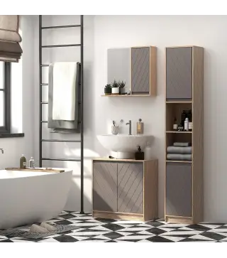Conjunto de 1 Mueble para Debajo del Lavabo 1 Armario de Baño con Espejo y 1 Columna de Baño Roble y Gris