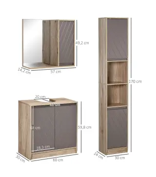 Conjunto de 1 Mueble para Debajo del Lavabo 1 Armario de Baño con Espejo y 1 Columna de Baño Roble y Gris