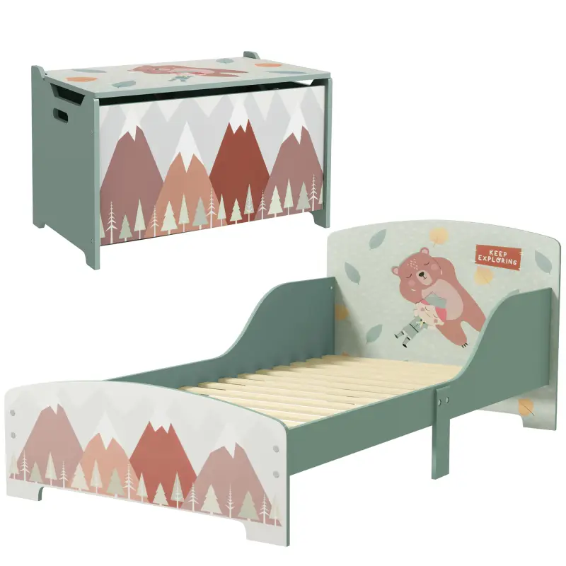 Conjunto para Niños Incluye 1 Cama Infantil Carga Máx. 40 kg 143x77x60 cm y 1 Baúl de Almacenamiento 60x37x39 cm Verde Conjunto para Niños Incluye 1 Cama Infantil Carga Máx. 40 kg 143x77x60 cm y 1 Baúl de Almacenamiento 60x37x39 cm Verde
