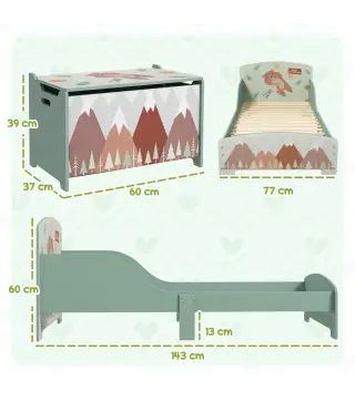 Conjunto para Niños Incluye 1 Cama Infantil Carga Máx. 40 kg 143x77x60 cm y 1 Baúl de Almacenamiento 60x37x39 cm Verde