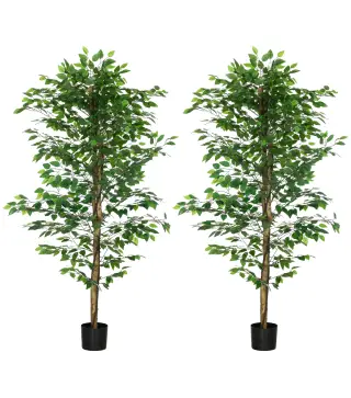 Pack de 2 Plantas Artificiales con Troncos Naturales 180 cm Ficus Sintética con 1260 Hojas Decoración para Hogar Verde