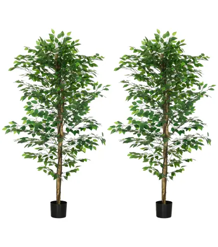 Pack de 2 Plantas Artificiales con Troncos Naturales 180 cm Ficus Sintética con 1260 Hojas Decoración para Hogar Verde