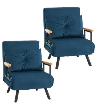 Pack de 2 Sofás Cama de 1 con Respaldo Ajustable de 5 Niveles y Almohadas Acolchadas 63x73x81 cm Azul