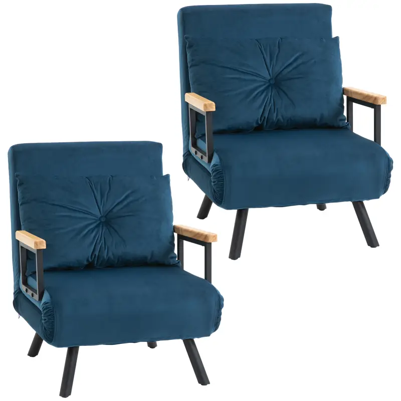 Pack de 2 Sofás Cama de 1 con Respaldo Ajustable de 5 Niveles y Almohadas Acolchadas 63x73x81 cm Azul