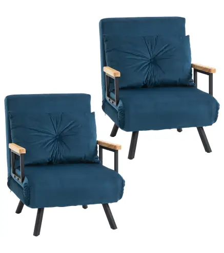 Pack de 2 Sofás Cama de 1 con Respaldo Ajustable de 5 Niveles y Almohadas Acolchadas 63x73x81 cm Azul