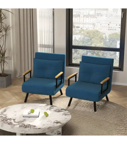 Pack de 2 Sofás Cama de 1 con Respaldo Ajustable de 5 Niveles y Almohadas Acolchadas 63x73x81 cm Azul