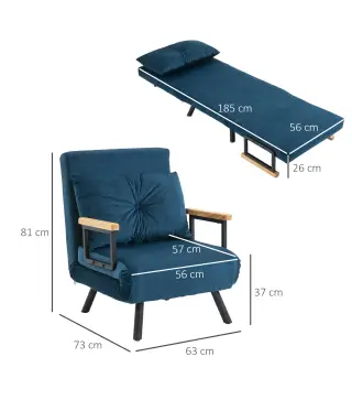 Pack de 2 Sofás Cama de 1 con Respaldo Ajustable de 5 Niveles y Almohadas Acolchadas 63x73x81 cm Azul