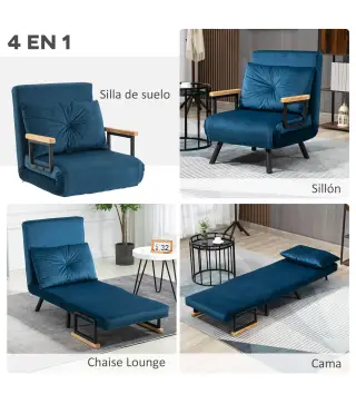 Pack de 2 Sofás Cama de 1 con Respaldo Ajustable de 5 Niveles y Almohadas Acolchadas 63x73x81 cm Azul