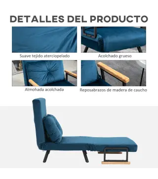 Pack de 2 Sofás Cama de 1 con Respaldo Ajustable de 5 Niveles y Almohadas Acolchadas 63x73x81 cm Azul
