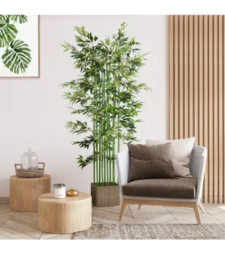 Pack de 2 Bambú Artificial con Maceta de Madera Plantas Artificiales de Decoración para Interior 35x10x180 cm Verde