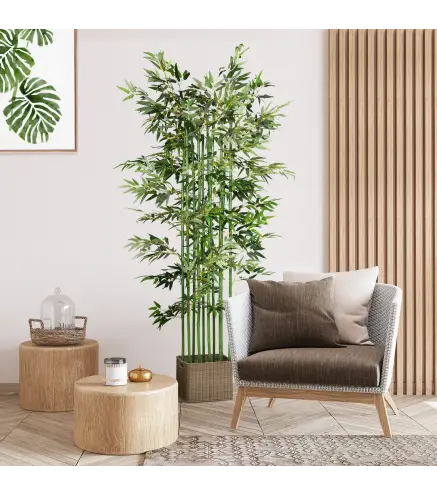 Pack de 2 Bambú Artificial con Maceta de Madera Plantas Artificiales de Decoración para Interior 35x10x180 cm Verde