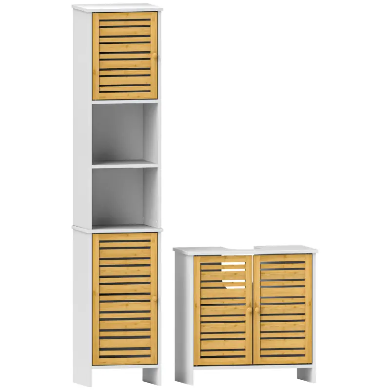 Mueble Bajo Lavabo y Columna Auxiliar de Baño con Estantes Ajustables y Puertas de Bambú Base Elevada Blanco y Natural Mueble Bajo Lavabo y Columna Auxiliar de Baño con Estantes Ajustables y Puertas de Bambú Base Elevada Blanco y Natural