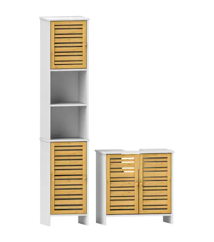 Mueble Bajo Lavabo y Columna Auxiliar de Baño con Estantes Ajustables y Puertas de Bambú Base Elevada Blanco y Natural